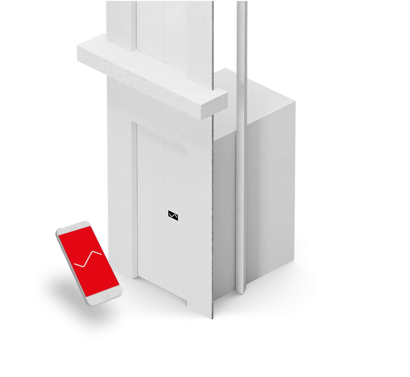 Illustration eines Schindler X8 Aufzugs mit einem Smartphone, das einen roten Bildschirm anzeigt