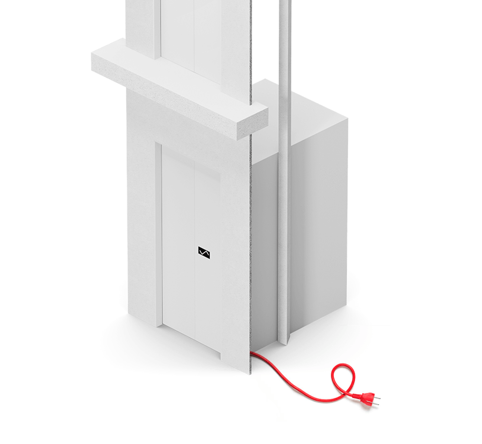 Illustration eines Schindler X8 Aufzugs mit einem roten Stromstecker